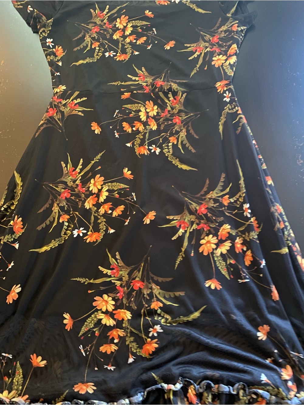 Black Floral A-Line Midi Length Women’s Dress - Orange & Green Print